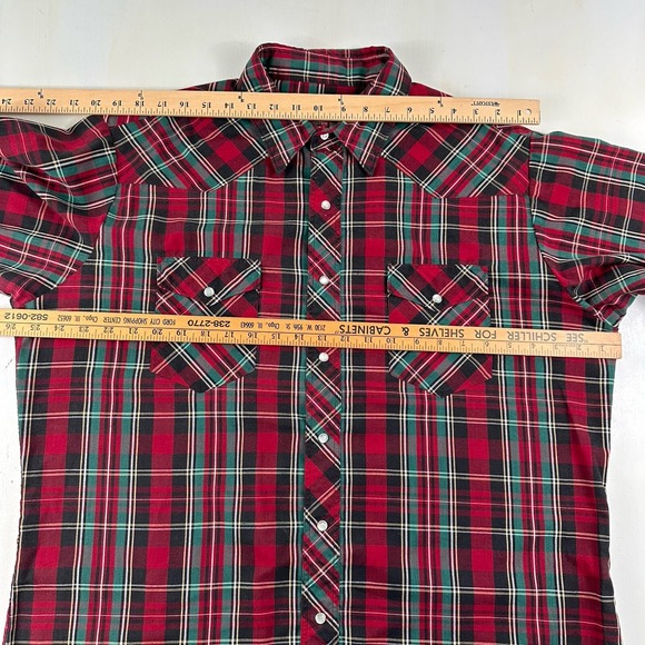 Vtg Wrangler Short Sleeve Western Shirt Men Size XL Pearl Snap Green Red Plaid - Picture 5 of 11